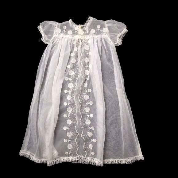 Vintage Infant Sheer Tulle Dress Ivory Baby Girl Short Sleeve Long Gown Cream - Picture 1 of 10